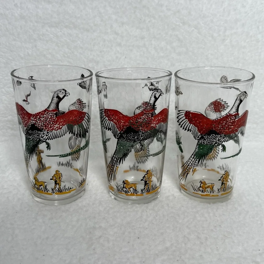 Vtg Hazel Atlas Pheasant Drinking 6 Glasses Tumblers  Shot Tumbler Red Gold 5
